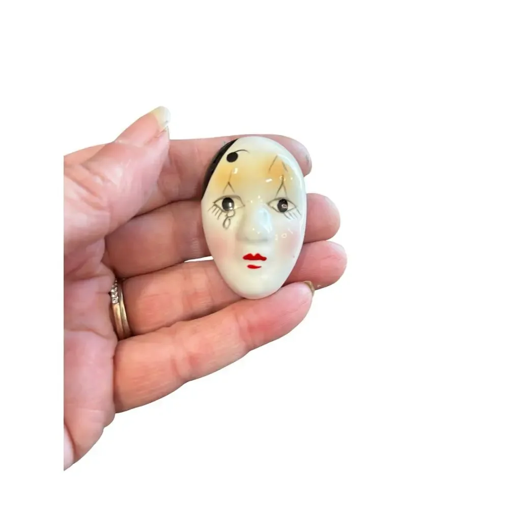 Vintage Ceramic Pierrot Clown Face Brooch Hand Painted Art Pottery Mask Pin